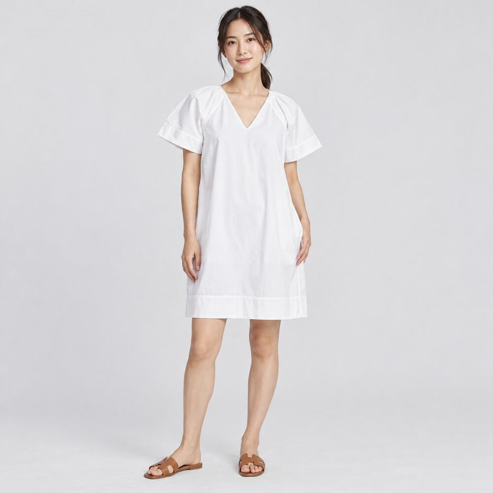 Madewell Dress WMNS XS White V Neck Puff Sleeve Mini Cotton Poplin Coastal Prep